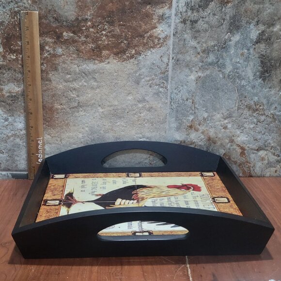 Ceramic Trivet Tile Chicken Rooster Serving Tray Cut Out Handles Wood Base Farmh - Picture 9 of 12